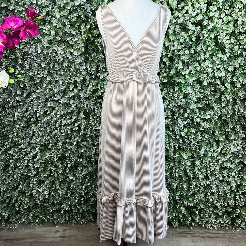 Caution To The Wind Neutral Stripe Ruffle Accent V-Neck Maxi Dress - Picture 11 of 11